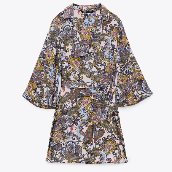 NEW! Zara Satin Kimono Style Paisley Pattern Tunic Mini Dress, Belted Oversized - Picture 5 of 15